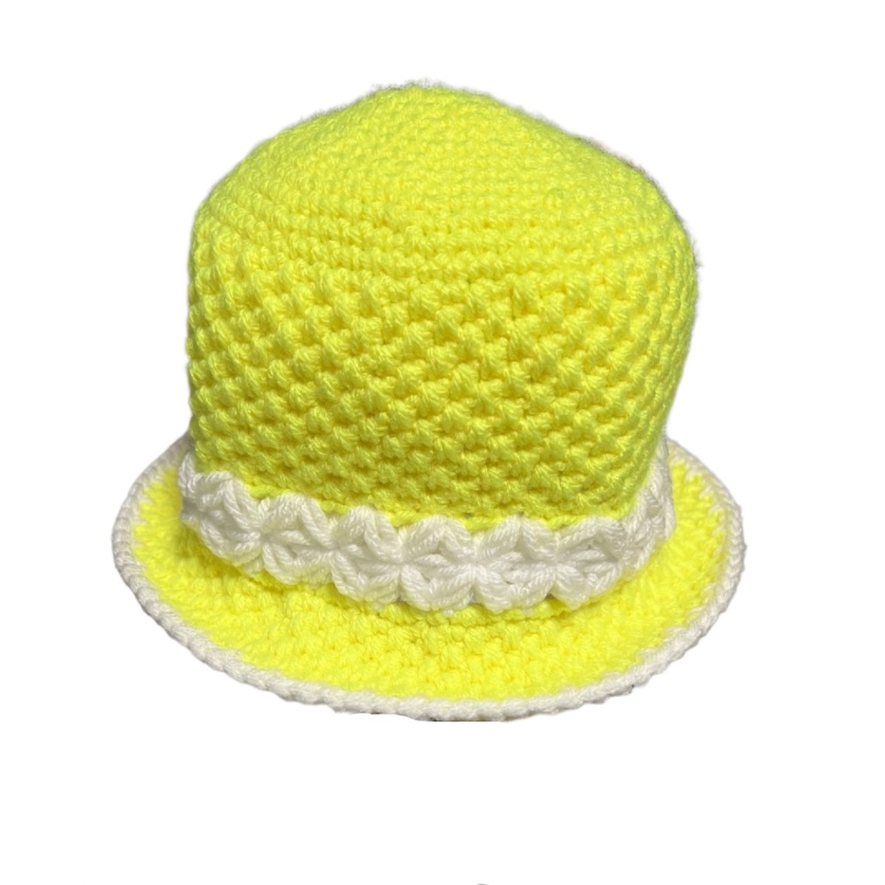 Yellow Flower Baby Bucket Hat Handmade Crochet - Picture 7 of 8
